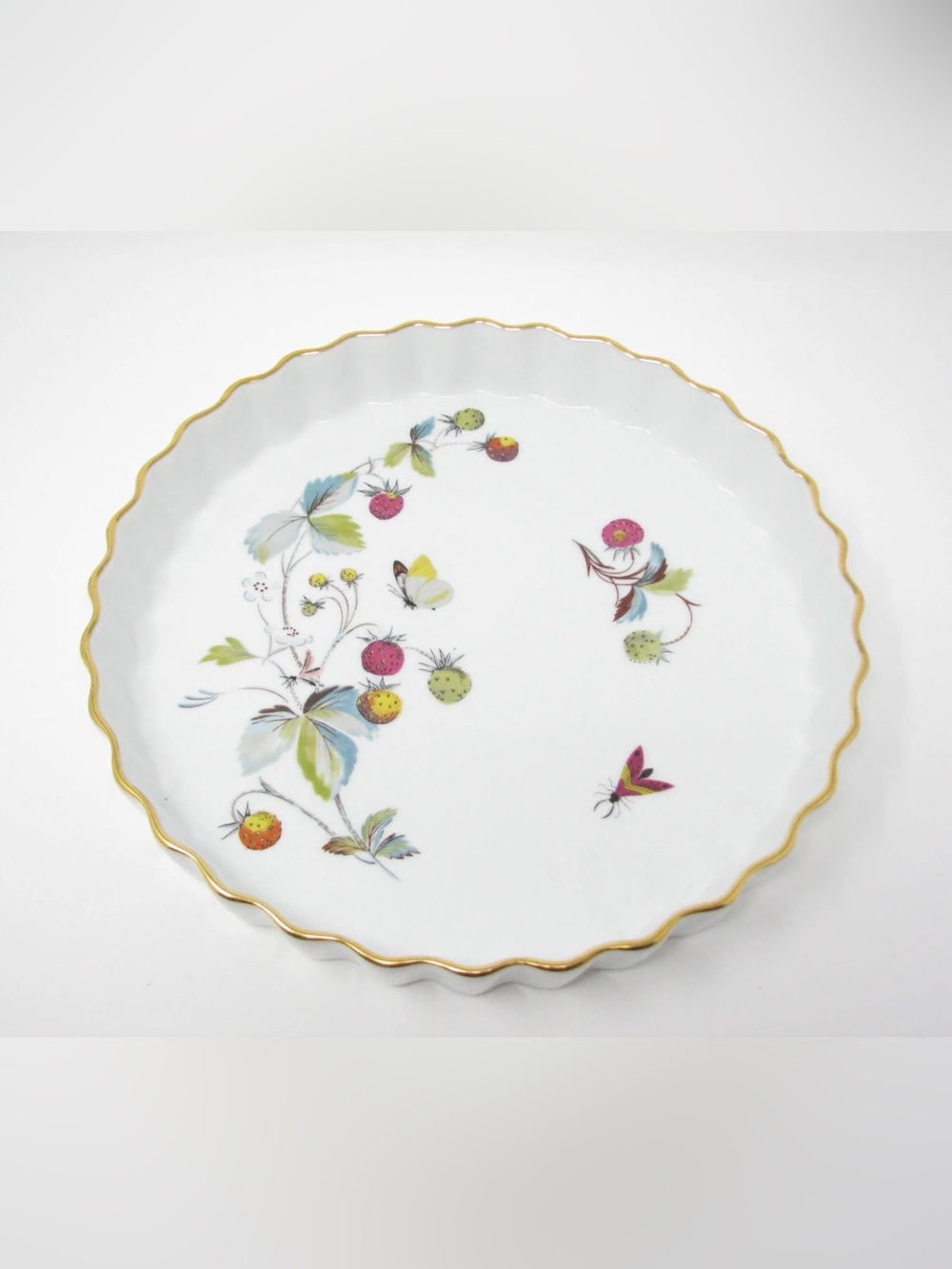 Royal Worcester Flameproof Pottery Strawberry Fair porcelain fluted dish gold